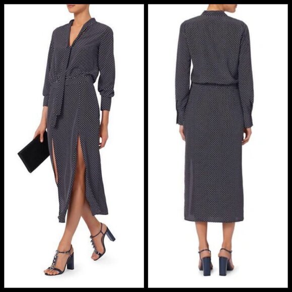 💕ALEXIS💕 Noelle Polka-dot Tie-neck Slit Midi Dress ~ Navy Blue XS - Picture 5 of 16